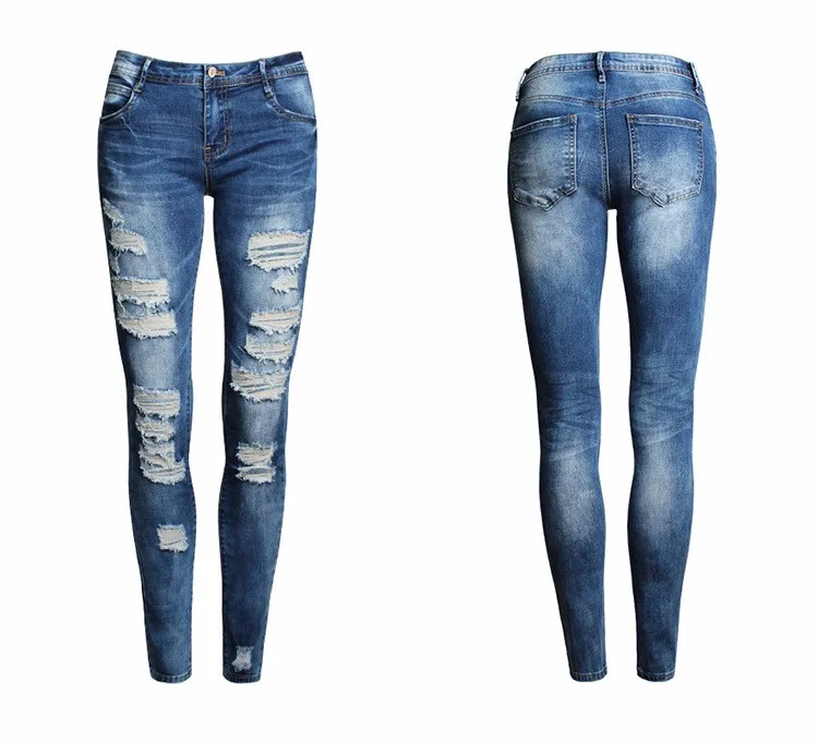 Рваные Джинсы женские тощие модное Длина царапины отверстия со средней талией джинсы эластичный джинсовые узкие пикантные модные синие джинсы