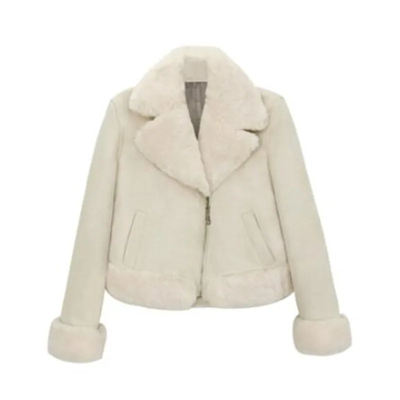 Байкерская куртка, новинка, осень и зима, милый тонкий короткий мех кролика, мотоциклетная куртка, толстая замшевая куртка для женщин, зимнее пальто NS764 - Цвет: beige
