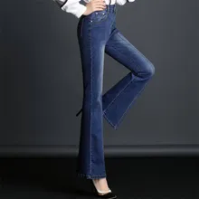 Мода, весенне-осенние джинсы для женщин, средняя талия размера плюс, узкие джинсовые брюки-клеш, повседневные брюки для женщин w1145