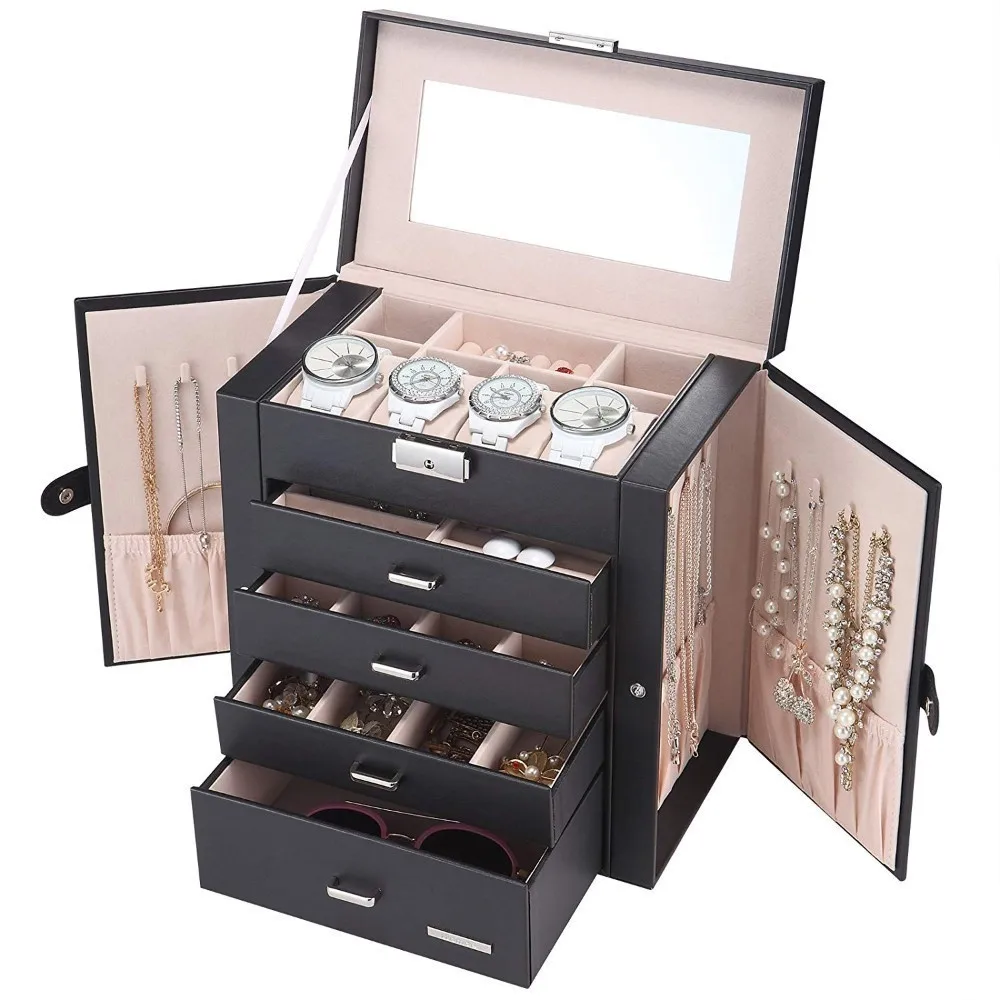 

5/6 layers Large Jewelry Box Watch Case Beads Armoire Storage Case Leather Twith Clasps Bracelet Ring Organiser Carrying Cases