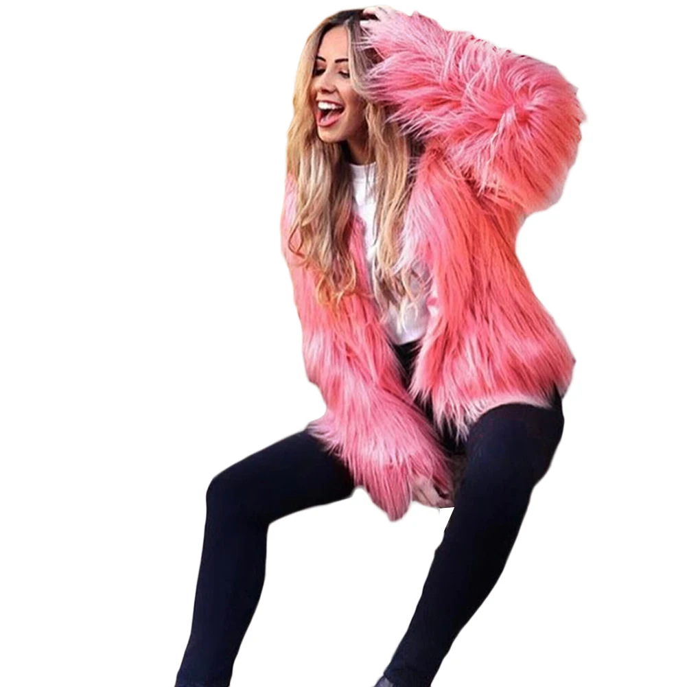 Зимнее женское пальто из искусственного меха розовая Меховая куртка с длинным рукавом пушистая верхняя одежда теплая меховая куртка Пальто меховое пальто из искусственного меха