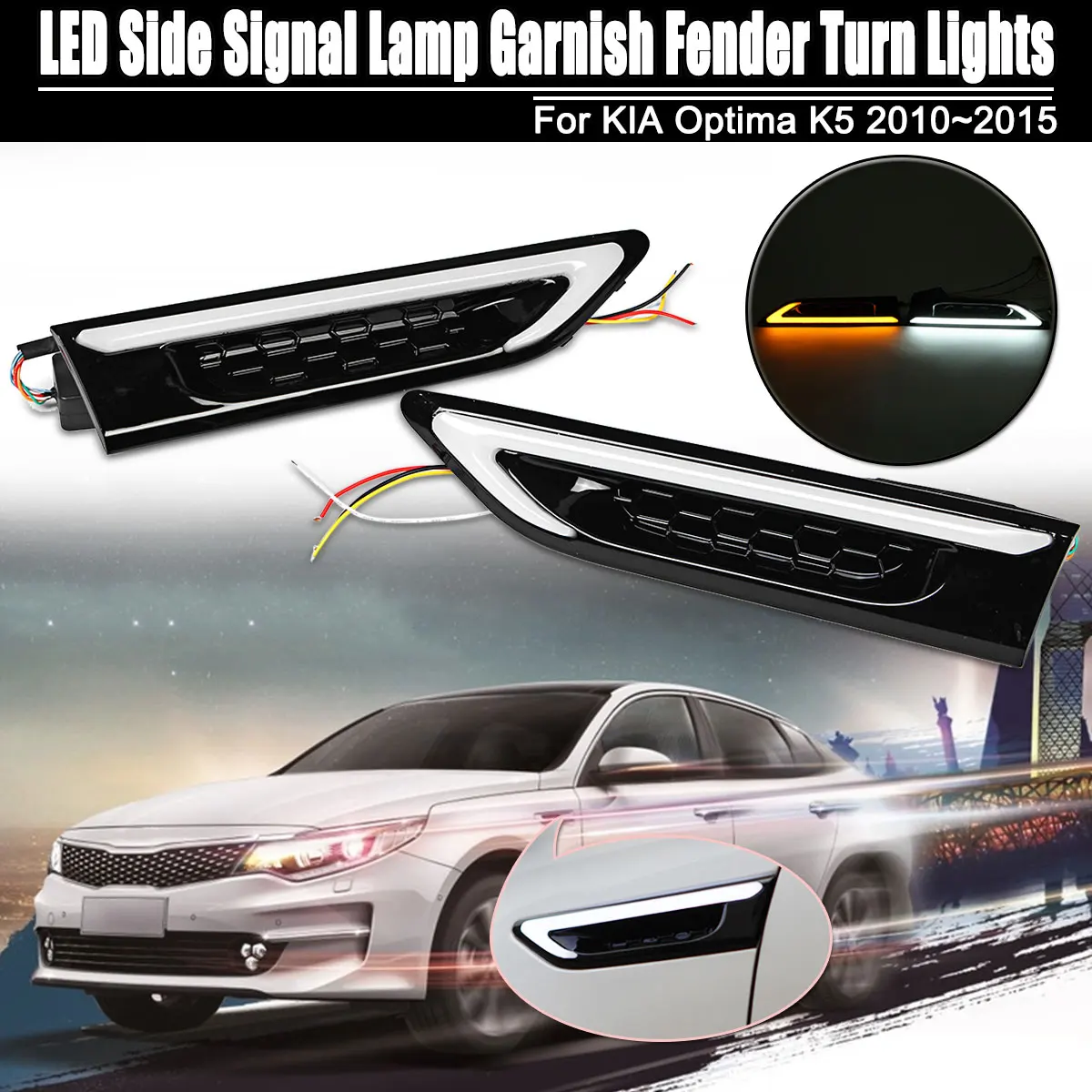 

2pcs/set LED Side Signal Lamp Garnish for Fender Mudguard ABS Turn Lights For KIA Optima K5 2010-2015 Amber and White Color