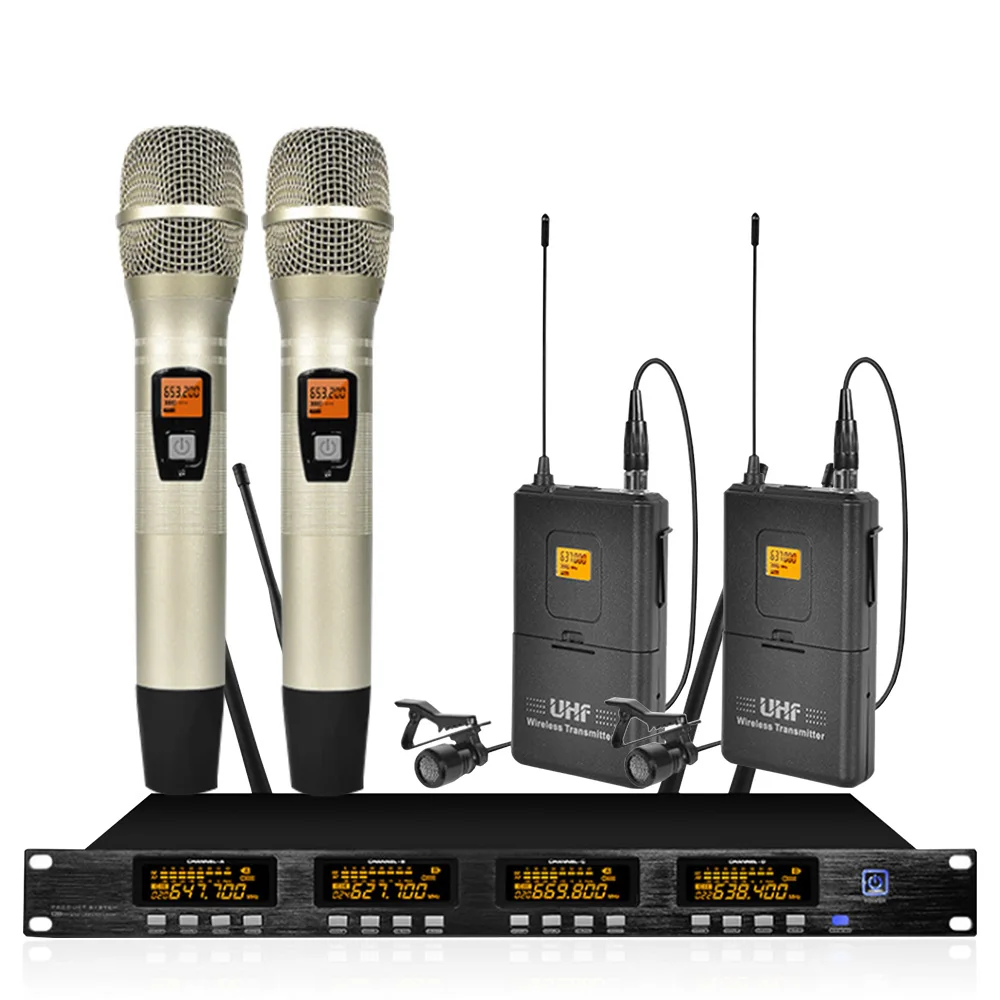 Профессиональный беспроводной микрофон четырехканальный UHF Ручной lavalier караоке