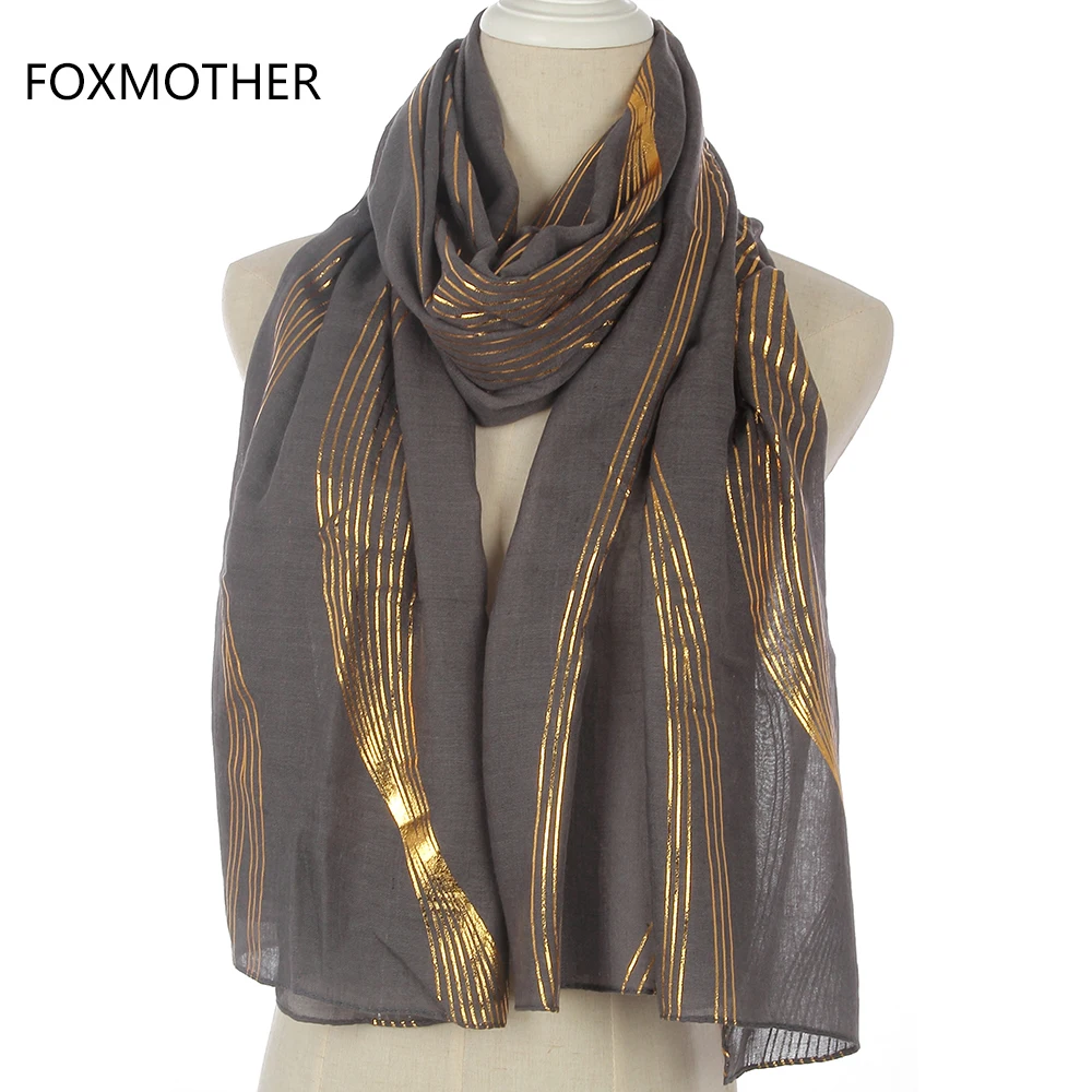 FOXMOTHER Новые Модные Белые Серые Синие ленты Полосатый золотой фольги длинные шарфы для женщин