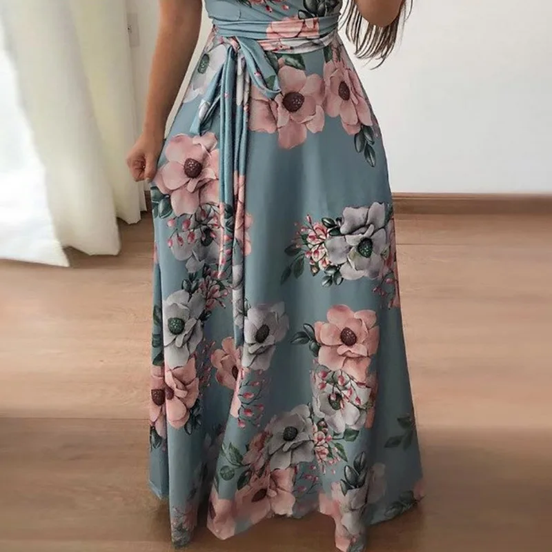 Сексуальное женское Макси длинное платье Boho вечернее пляжное платье Vestidos с высоким воротом летнее платье с цветочным принтом купальное платье