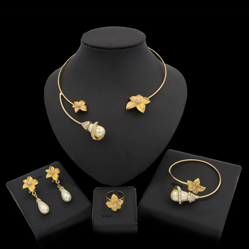 

Yulaili Luxury Elegant Pearl Bridal Jewelry Sets Wedding Jewelry Flower Shape Gold Color Necklaces Pendant Earrings Sets