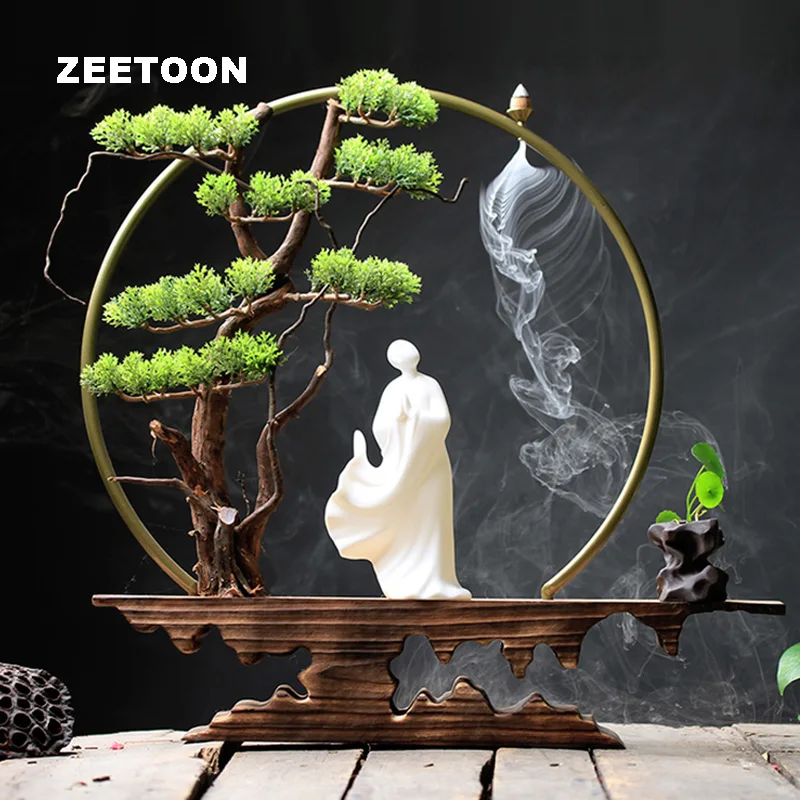 

Zen Lucky Incense Burner Weathered Wood Artificial Plants Backflow Incense Censer Ceramic Character Flower Pot Home Decor Crafts