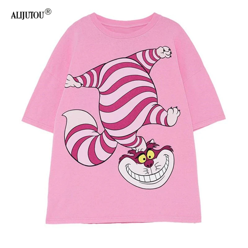 Alice In Wonderland Pink T-Shirt Women Zaraing Fashion Casual Cartoon Cheshire Cat Print Short Sleeve Tshirt Femme Graphic Tee