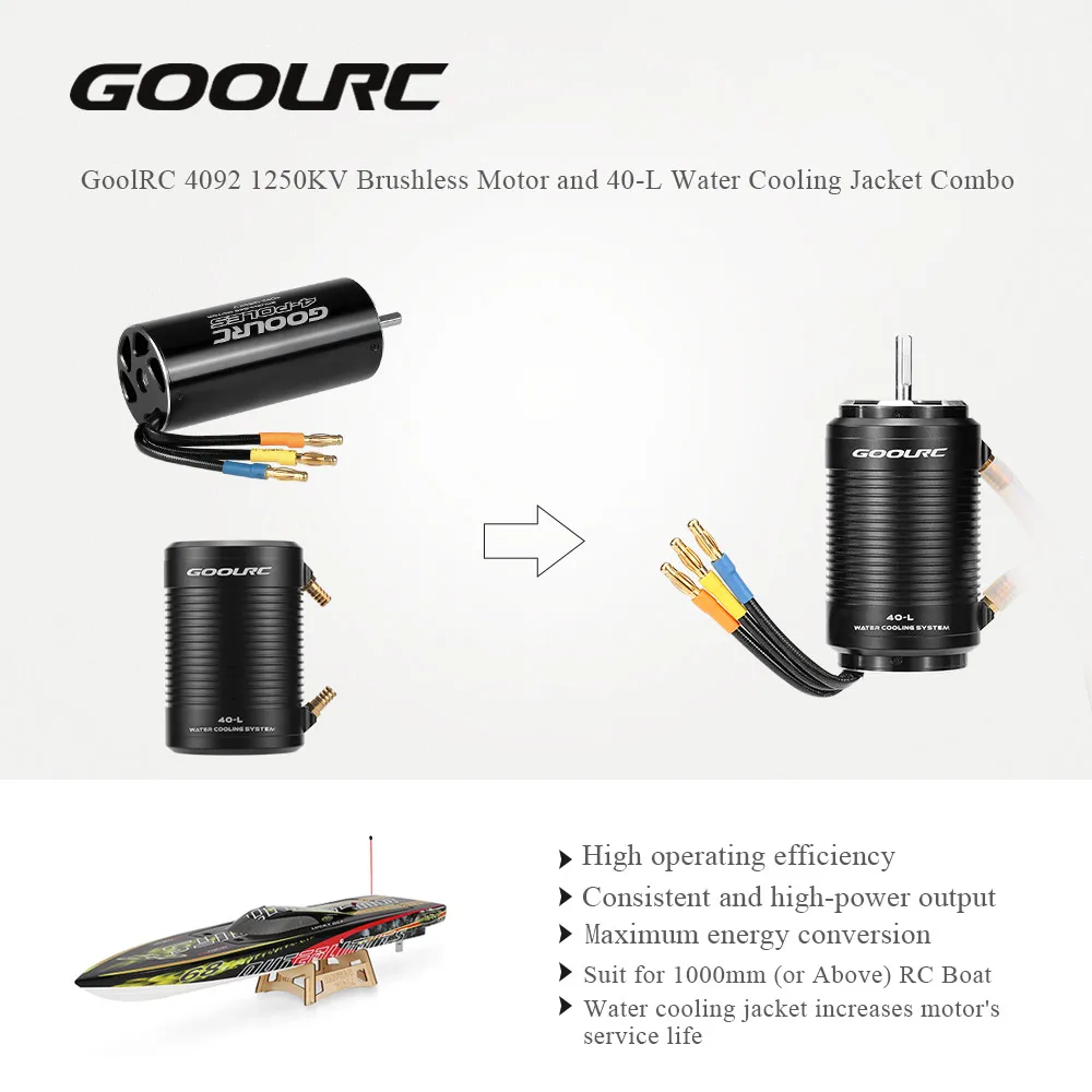 

GoolRC 4092 1250KV Brushless Motor and 40-L Water Cooling Jacket Combo Kit for 1000mm (or Above) RC Boat Speedboat Ship Parts