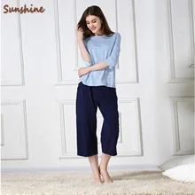 Летняя свободная Пижама женская модная повседневная простая Пижама комплекты Женская цветная хлопковая рубашка с коротким рукавом+ брюки длиной до середины икры