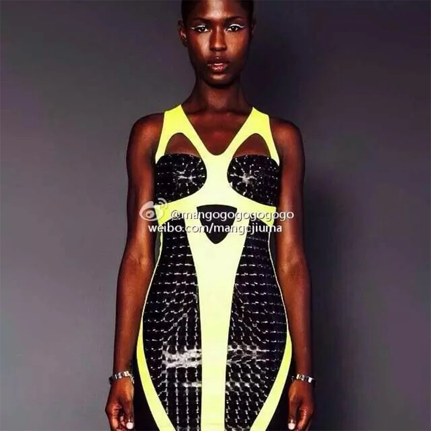 FREE SHIPPING Sexy Queen Sleeveless High Waist Fluorescent Yellow Laser Mosaic Slim Dress Women Clothing Performance Costume