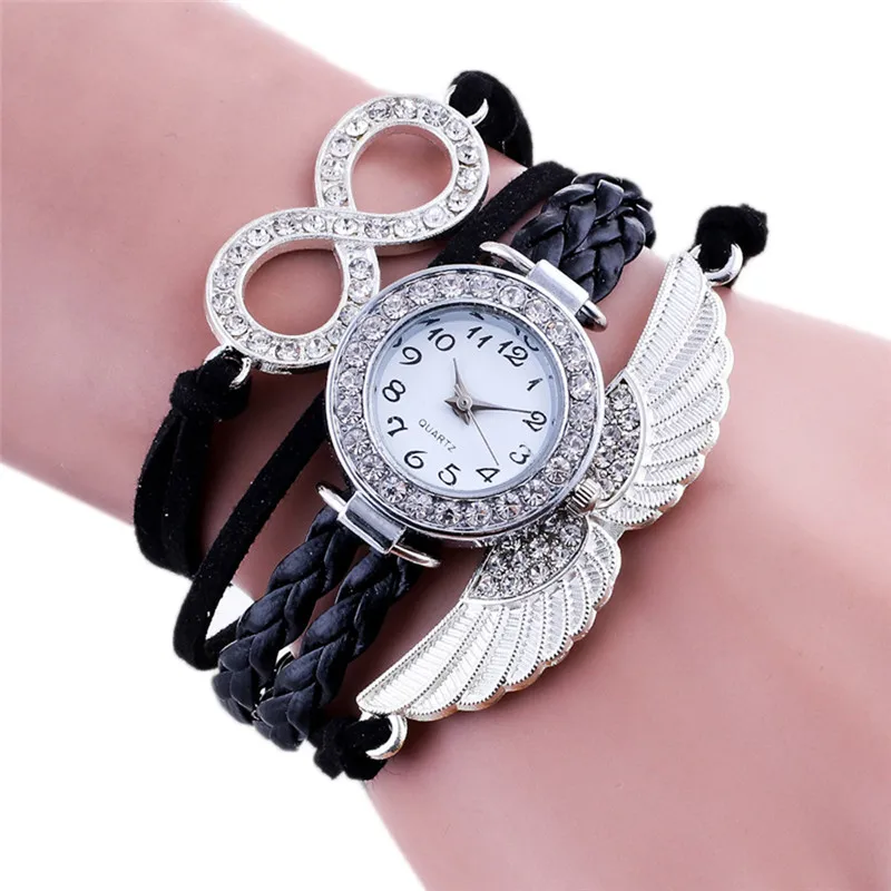 Новые модные женские часы-браслет с крылышками, роскошные стразы, часы с кожаной цепочкой, Женские кварцевые наручные часы, Relogio# W - Цвет: Черный
