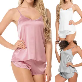 

2PCS Women Ladies Solid Sexy Sleepwear Set Satin Sling Sleepwear Lingerie V-neck Underwear Summer Set