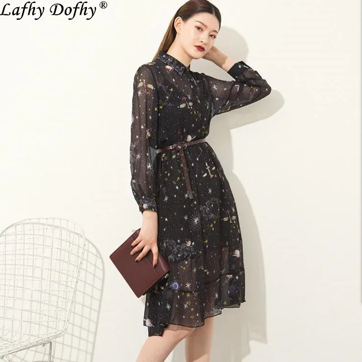 

Spring new European and American chiffon temperament commuter lapel slim long sleeve loose floral ruffled dress female 138
