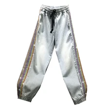 Цветные стразы джинсы с бусинами женские летние новые эластичные с высокой талией по щиколотку шаровары