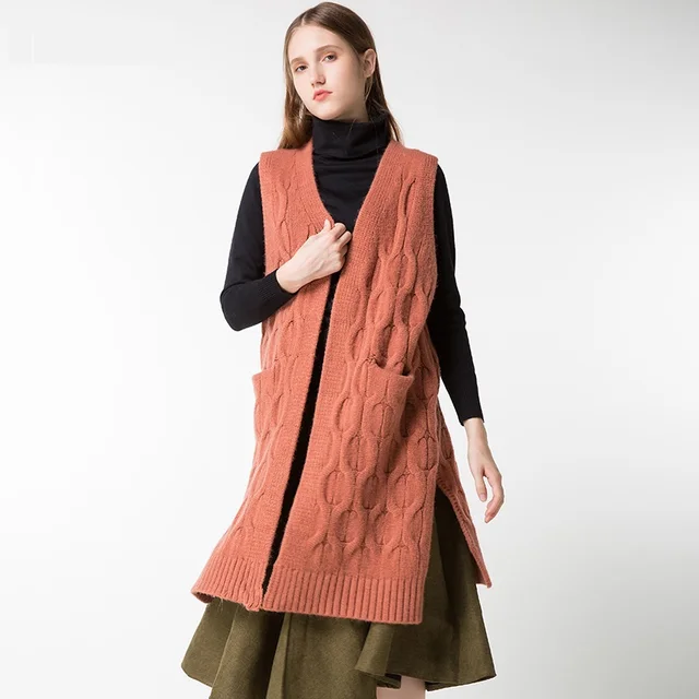 2017 New Solid Sleeveless Long Vest Knitted Cardigan with Pocket