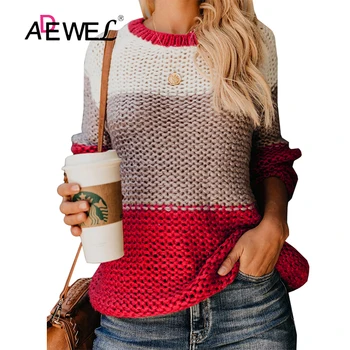 

ADEWEL 2019 Red Splice Round Neck Long Sleeve T Shirt Women Camiseta Stranger Things Mujer Transparent Leisure Plus Size Top
