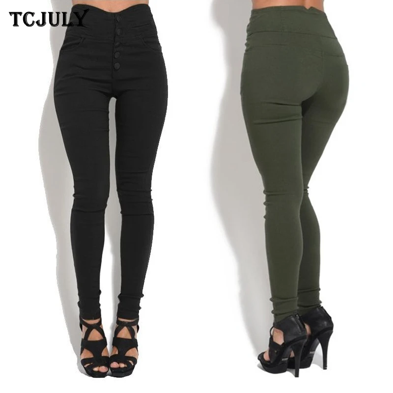 

TCJULY New Design High Waist Solid Push Up Pencil Pants Fashion Single Row Buttons Design Trousers For Women Slim Stretchy Pants