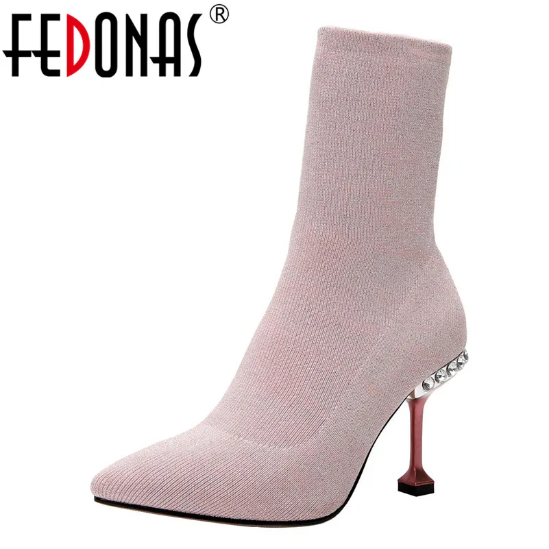 

FEDONAS Thin High Heels Women Autumn Winter Sweet Mid-calf Boots Pointed Toe Slip-on Socks Boots Crystal Party Prom Shoes Woman