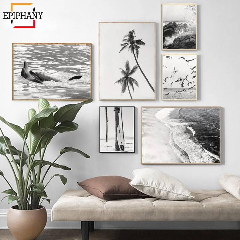 

Modern Gallery Wall Art Prints Black and White Art Poster Ocean Coastal Landscape Canvas Painting Wall Pictures for Living Room