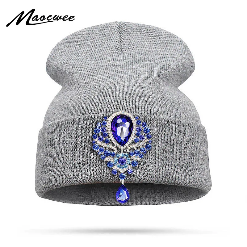 

Fashion Large Crystal Diamond Rhinestone Beanies Female Winter Warm Knitted Hat Hip Hop Women's Beanie Bone Teardrop Brooch Pins