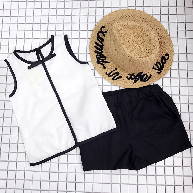 

Children Clothes Sets 2019 New Style Girls Bow Decorate White And Black Pants Clothes Sets For 2-6Y Kids Summer Clothes