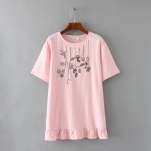 Большие размеры хлопок o-образным вырезом лист вышитые футболка женская футболка с коротким рукавом темно-синие и белый и розовый футболка летний топ 4XL