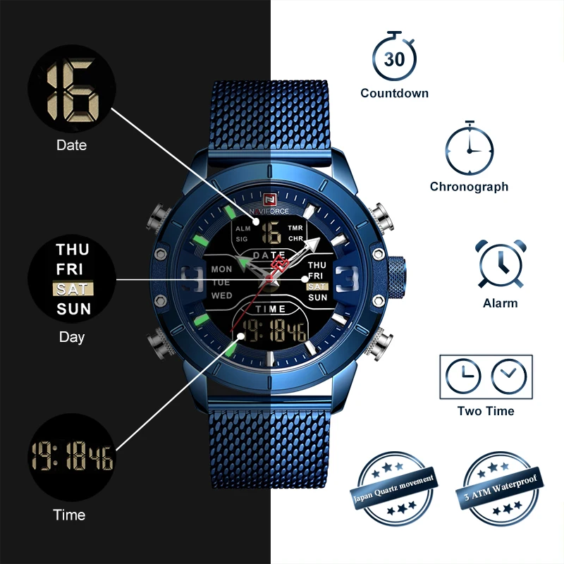 NAVIFORCE Men Watch Top Luxury Brand Man Military Sport Quartz Wrist Watches Stainless Steel LED Digital Clock Relogio Masculino NAVIFORCE Men Watch Top Luxury Brand Man Military Sport Quartz Wrist Watches Stainless Steel LED Digital Clock Relogio Masculino