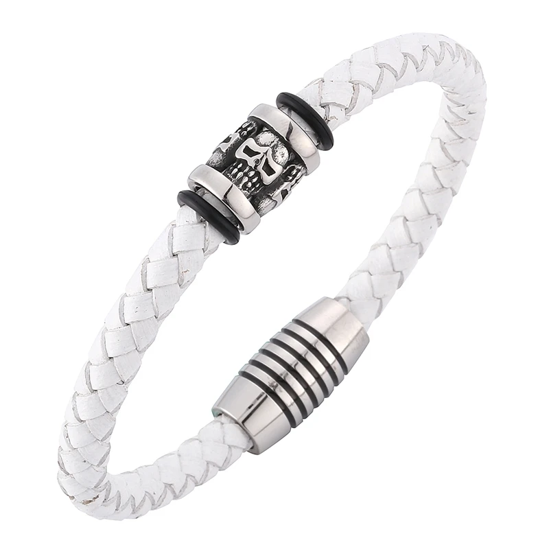 

New Men Women Genuine White Braided Leather Bracelets Fashion Stainless Steel Magnetic Clasp Cuff Bangles Wrist band Gift BB0200