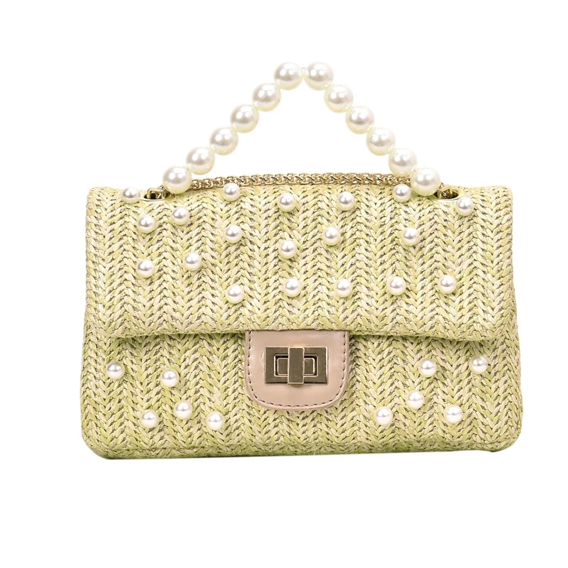 

Elegant Women Crossbody Bags Vintage Pearl Handle Ladies Evening Straw Handbag Chic Female Chain Shoulder Bags