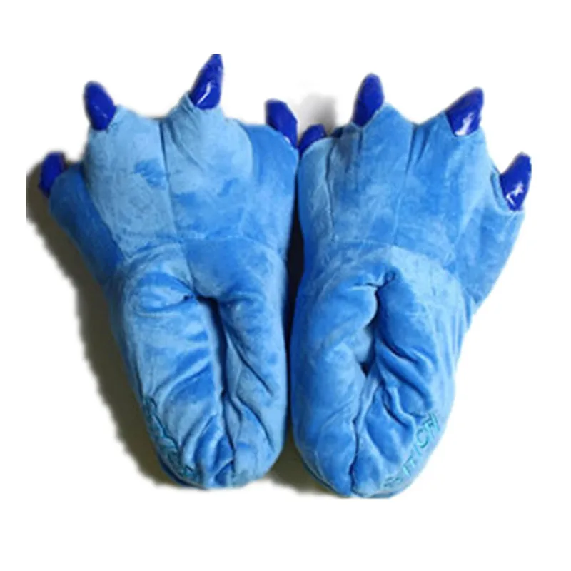 Детские зимние теплые пушистый напольный шлёпанцы в виде динозавра; Мягкие плюшевые домашние тапочки с миньонами кораллового цвета; детская обувь - Цвет: Синий