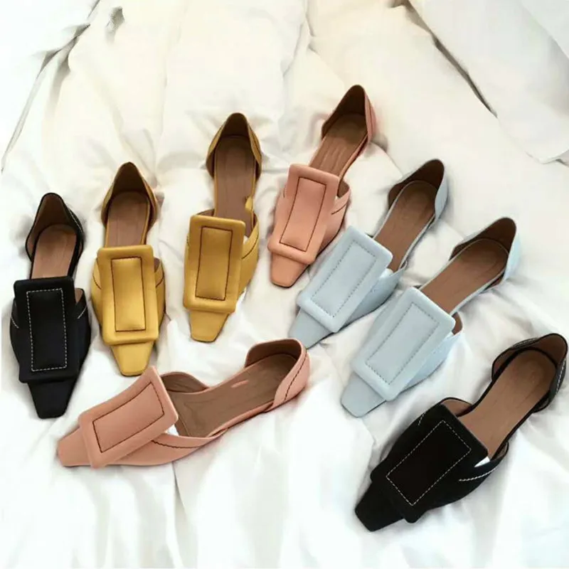 

Brand Loafers 2018 Spring Summer Flats Yellow Black Chaussures Femme Square Buckle Women Mules Shoes Luxury 2018 Korean Shoes