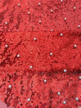 

Hot sales new design shinning red sequins Lace Fabric french sequins tulle fabric with beads for sexy dress No.63989-3