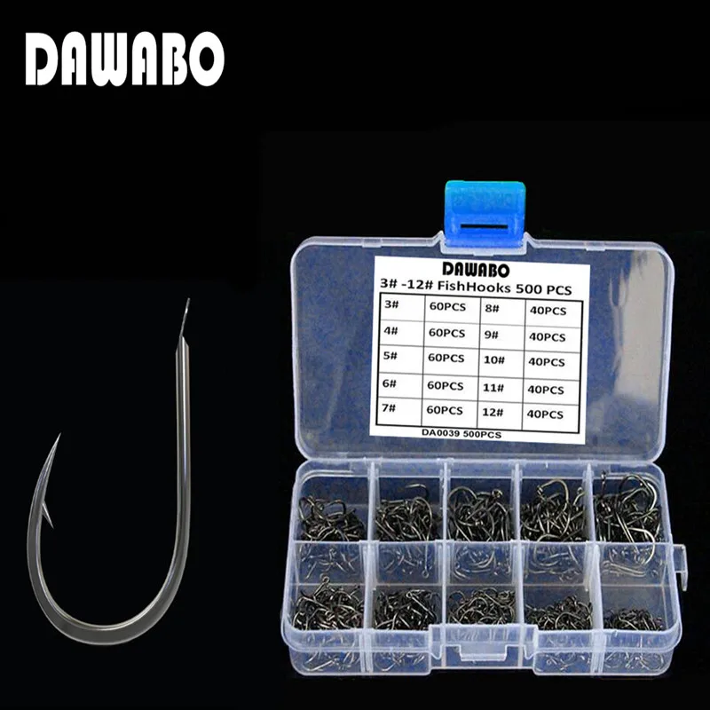 

DAWABO 500Pcs/lot fishing hooks #3-#12 High carbon steel Black Bait Holder Fish Hook High quality barbed Fishing tools
