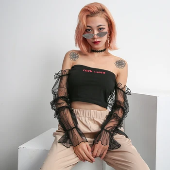 

Mesh Sleeve One-Sleeve Long Sleeve Sexy Halon Navel Letter T-Shirt Top Woman Cotton Clothes Partys 2019 Vogue Solid Color Tshirt