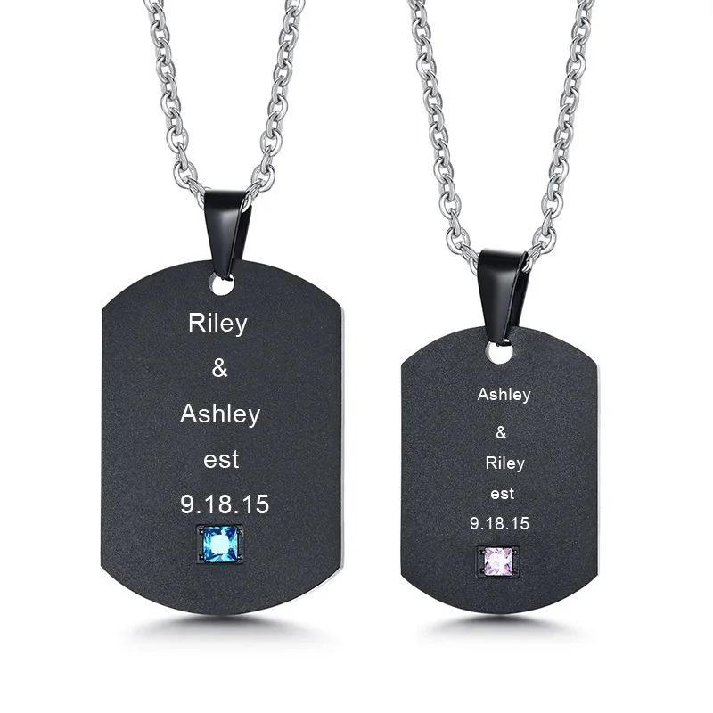 Personalized Custom Couples Dog Tag Pendant Necklaces Matching Set in Black Rhinestone Jewelry ...