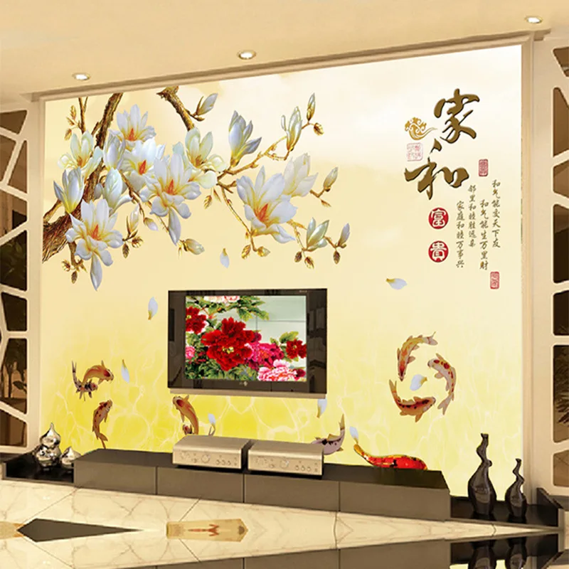 

Customized wallpaper mural Chinese style 3D natural scenery with flower fash behind sofa as background in living room