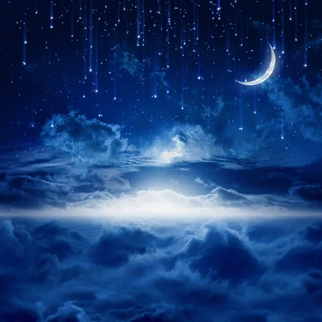 Peaceful Blue Night Sky Moon Falling Stars Beautiful Clouds