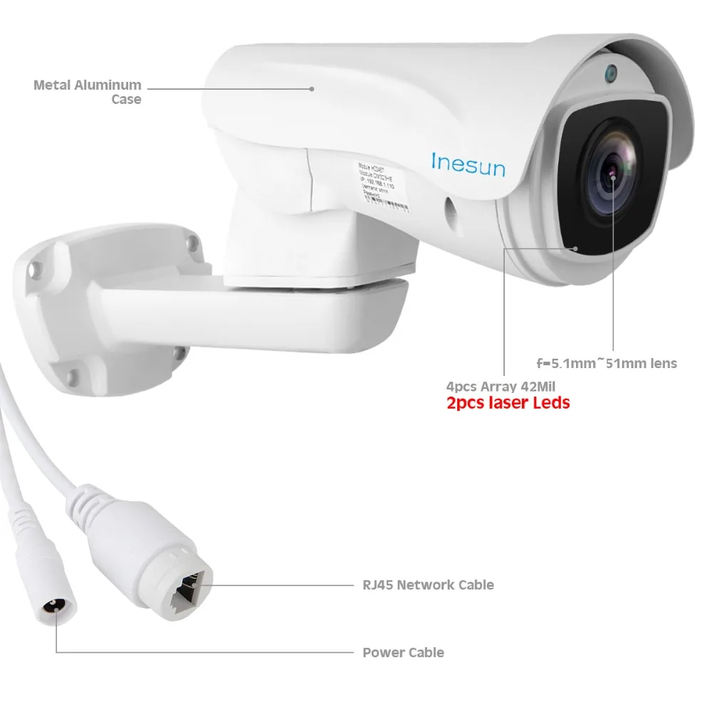 Inesun Outdoor PoE PTZ IP Camera 2MP/5MP Super HD 2592x1944P 10x Optical Zoom PTZ Camera Waterproof 330ft Laser IR Night Vision