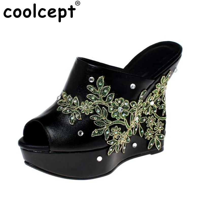 

Coolcept Sexy Women Genuine Leather High Wedges Sandals Flower Beading Platform High Wedges Slippers Summer Shoes Size 34-39