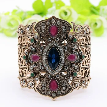 Ethnic Turkish Women Broadside Bangles Bracelets Adjustable Size Antique Gold Color Resin Jewelry Hollow Flower Bride Bangle