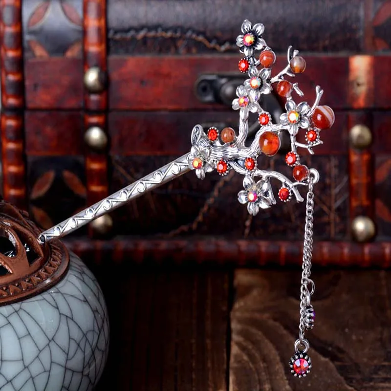 

1pcs Vintage Silver Hairpins Elegant Women Colorful Hair Clip Rhinestone FlowerBranch Hair Sticks Bridal Wedding Party Jewelry