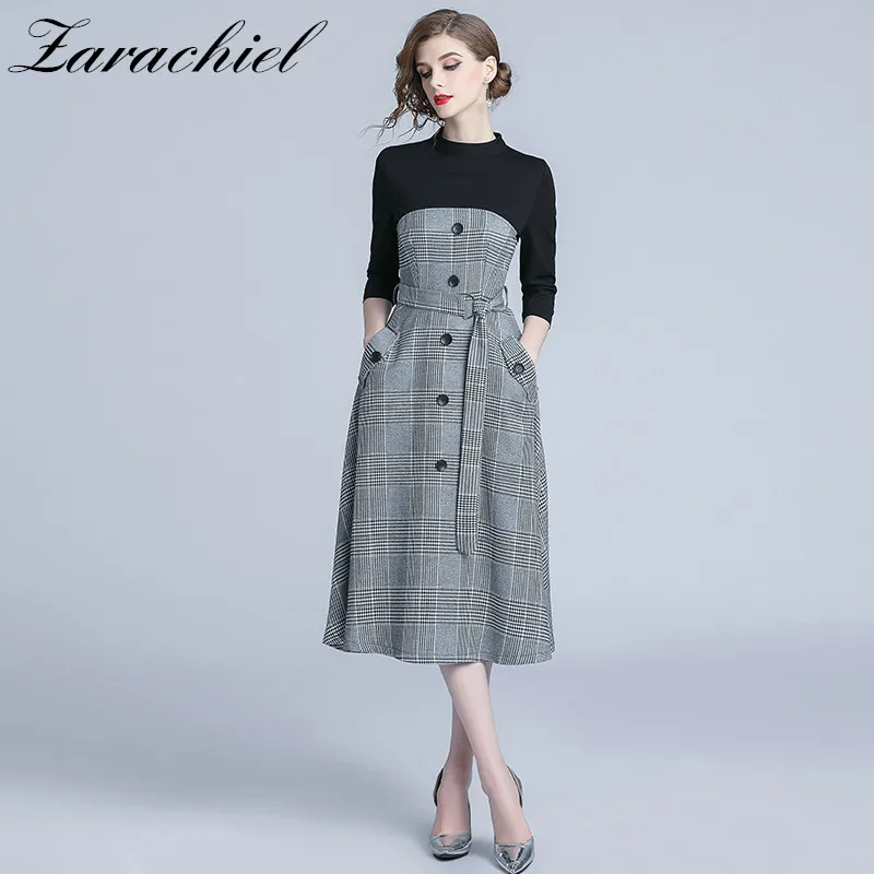 

Autumn Winter Korean 2019 Women Slim Plaid Splice Knit With Belted England Pocket Plaid Dress Medium and Long Term A Line Dress