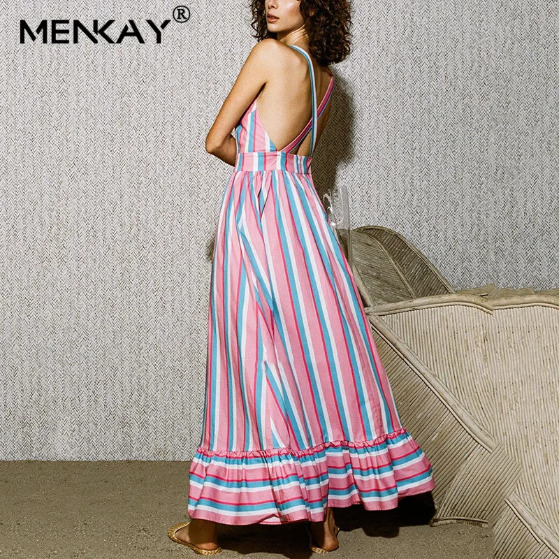 

[MENKAY] Striped Print Off Shoulder Backless Strapless Tunic High Waist Long Mermaid Ladies Sexy 2019 Korean Fashion Clothing