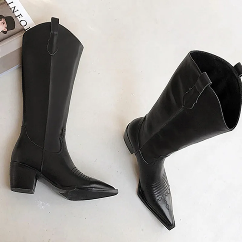 Белые кожаные ковбойские сапоги; облегающие Женские зимние высокие сапоги до колена с квадратным носком на каблуке «рюмочка»; модная женская обувь - Цвет: Черный