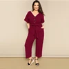 SHEIN Plus Size Button Front Wide Leg Belted Jumpsuit Women Spring Summer Casual V Neck Short Sleeve Longline Jumpsuits