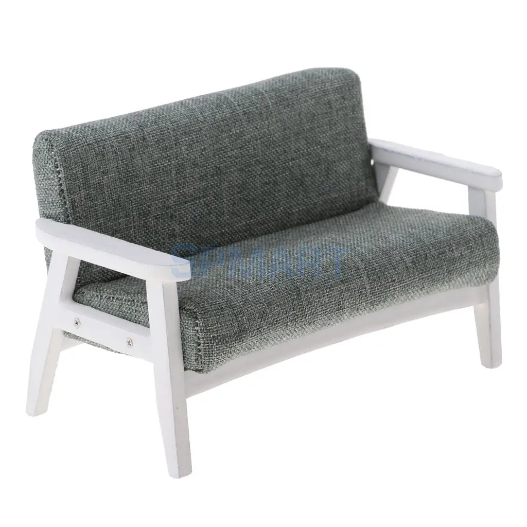 1:12 Scale Dollhouse Miniature Wooden Double Sofa Couch Living Room Bedroom Furniture Decoration Dolls Accessory Model Toy