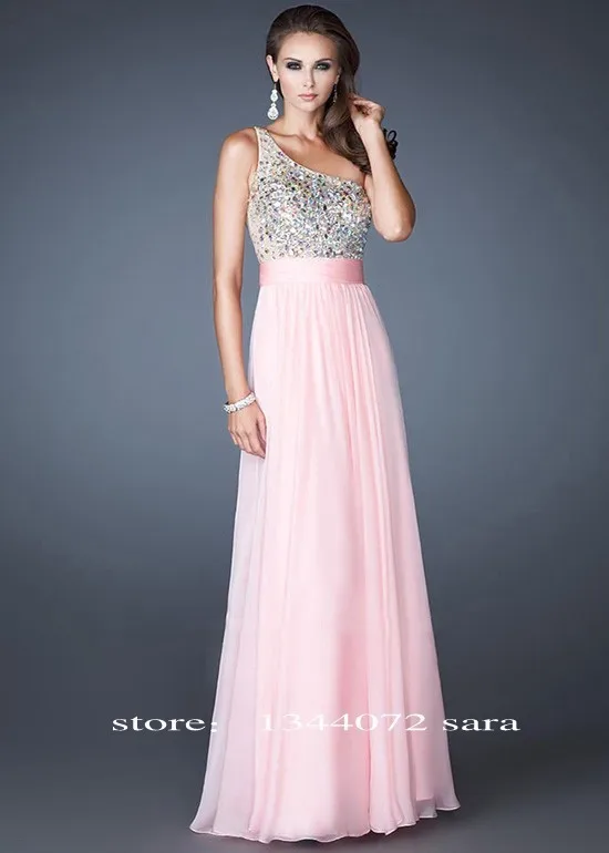 Cheap Pink Beaded Sheer Back One Shoulder Long Prom Dress_conew1