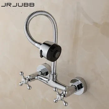 

Wall Mounted Kitchen Faucet Double Handles Chrome Flexible Hose Kitchen Mixer Taps Dual Holes Free Shipping
