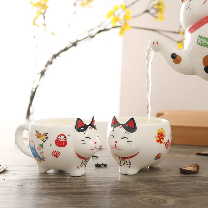 Милый японский фарфоровый чайный сервиз Lucky Cat, креативный керамический чайный горшок Maneki Neko, чашка с ситечком, милый чайный горшок с котиком, кружка